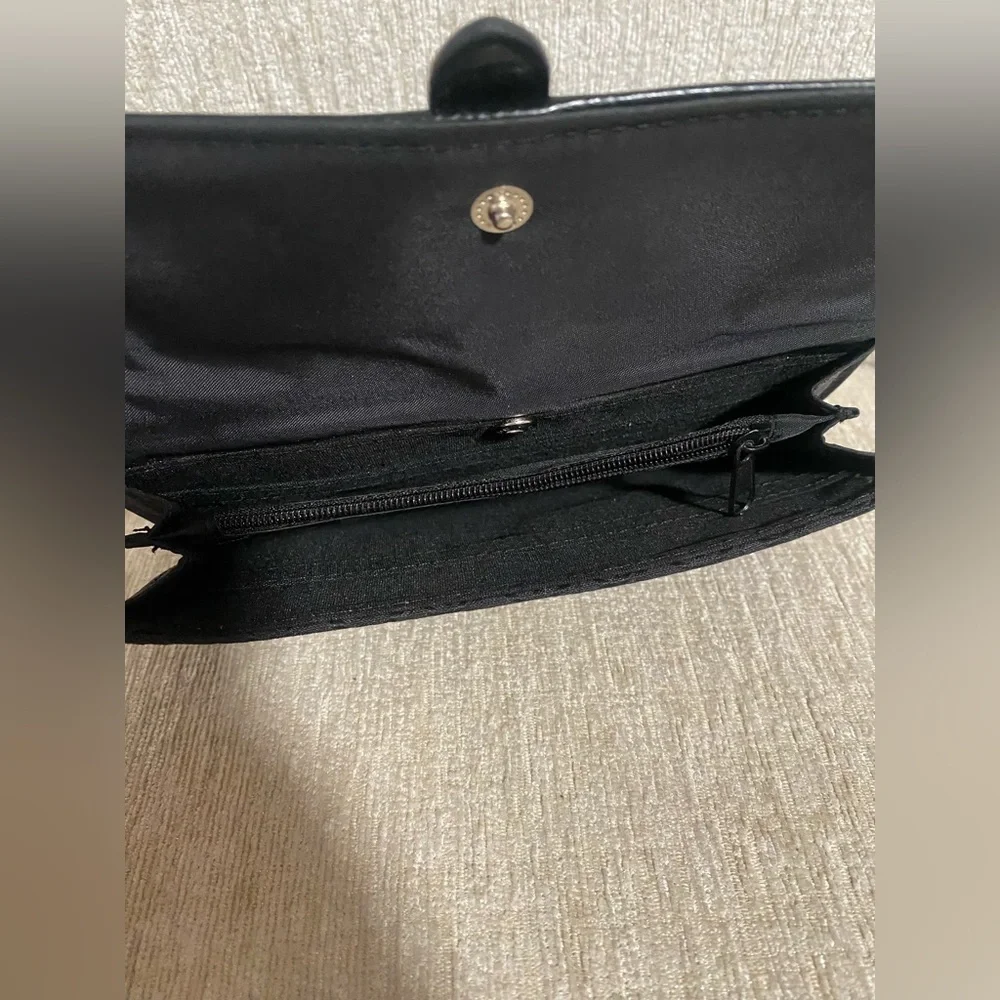 BLACK CLOTH WALLET WITH LEATHER TRIM, SILVER BUCKLE